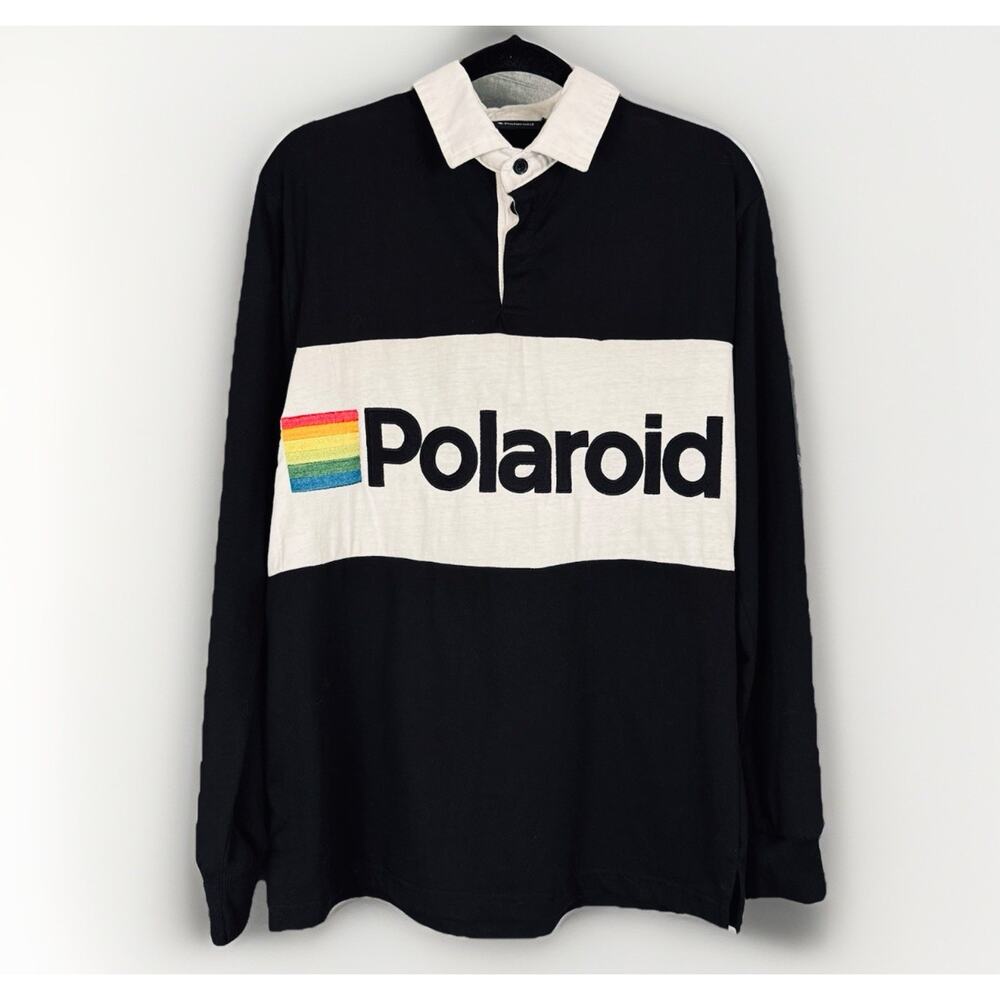 RARE Polaroid Rugby Polo Shirt Medium Black White Rainbow Spell Out Long Sleeve